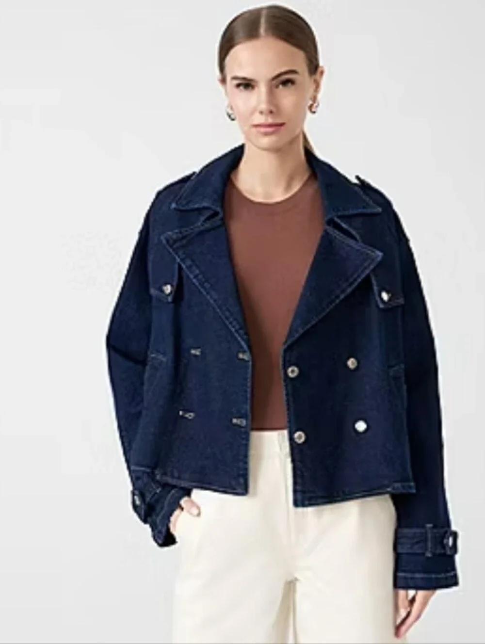 RM Rebecca Minkoff Double Breasted Cropped Denim Trench Jacket Sz LG NEW